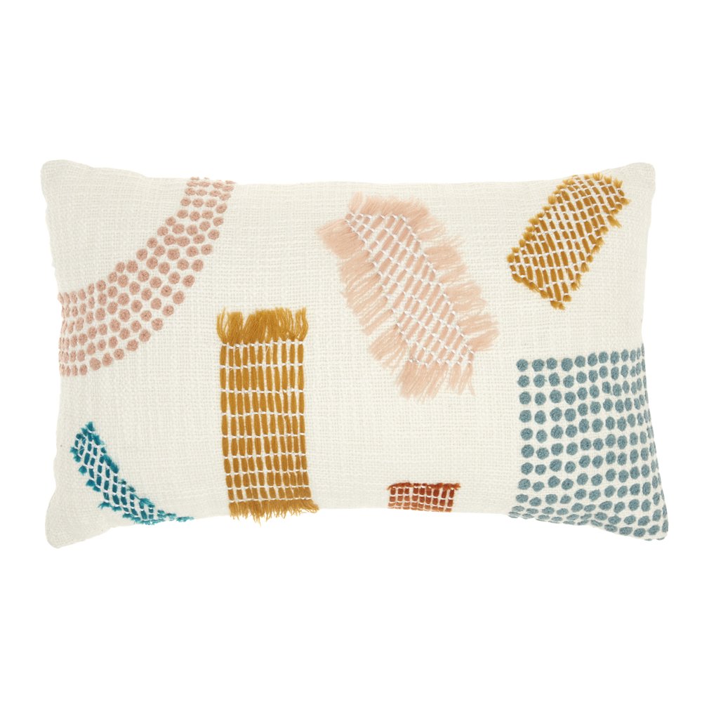 12" X 20" Beige Blue and Ivory Geometric Cotton Throw Pillow With Textured Appliques