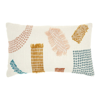 12" X 20" Beige Blue and Ivory Geometric Cotton Throw Pillow With Textured Appliques