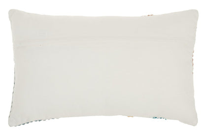 12" X 20" Beige Blue and Ivory Geometric Cotton Throw Pillow With Textured Appliques