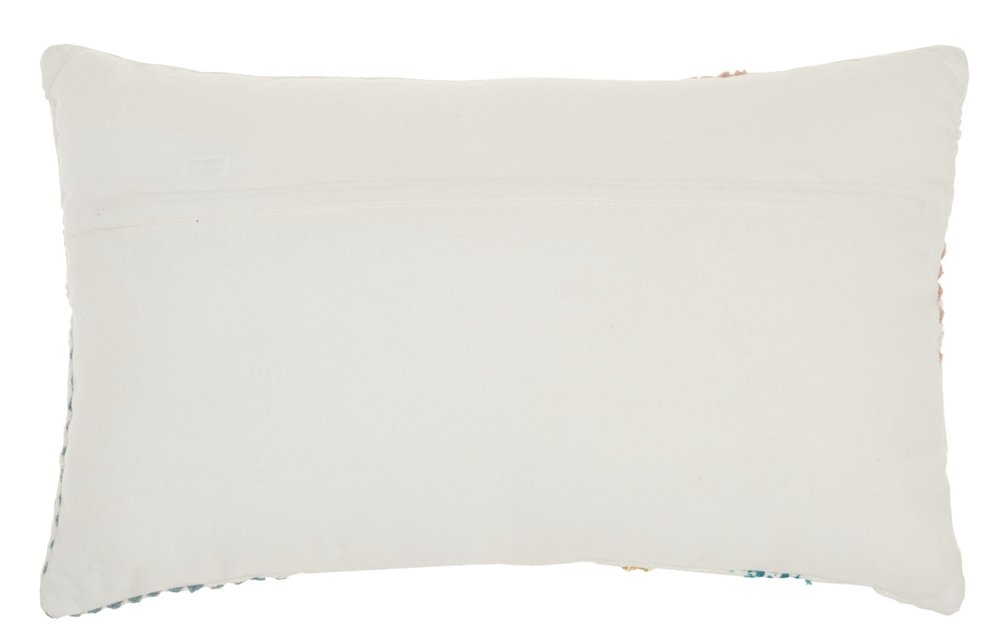12" X 20" Beige Blue and Ivory Geometric Cotton Throw Pillow With Textured Appliques