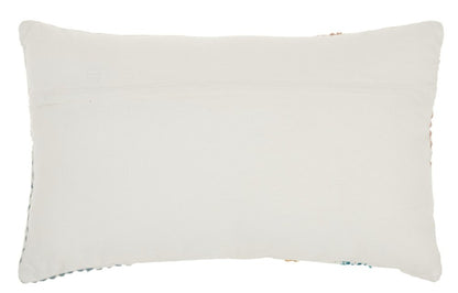 12" X 20" Beige Blue and Ivory Geometric Cotton Throw Pillow With Textured Appliques