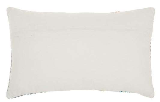 12" X 20" Beige Blue and Ivory Geometric Cotton Throw Pillow With Textured Appliques