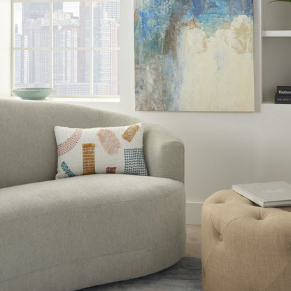 12" X 20" Beige Blue and Ivory Geometric Cotton Throw Pillow With Textured Appliques