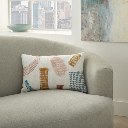 12" X 20" Beige Blue and Ivory Geometric Cotton Throw Pillow With Textured Appliques