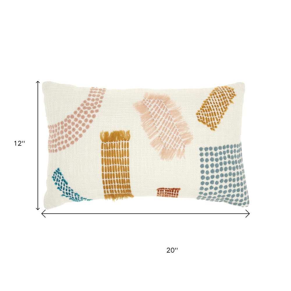 12" X 20" Beige Blue and Ivory Geometric Cotton Throw Pillow With Textured Appliques