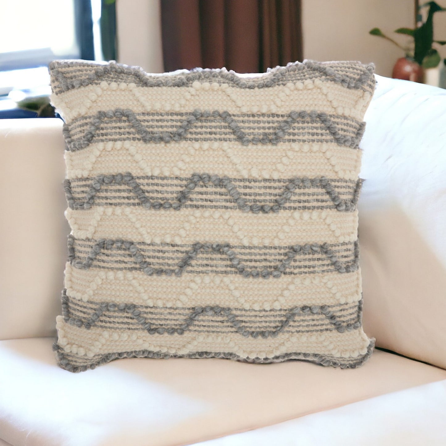 20" Ivory and Gray Striped Throw Pillow With Texture