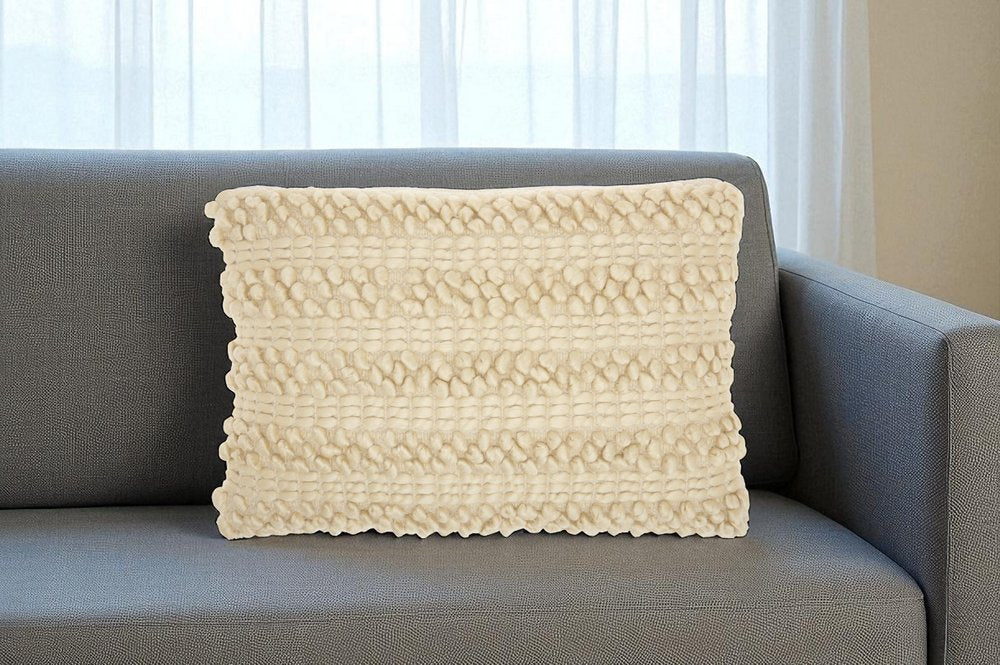 14" X 20" Cream Lumbar Throw Pillow with Pompoms And Texture
