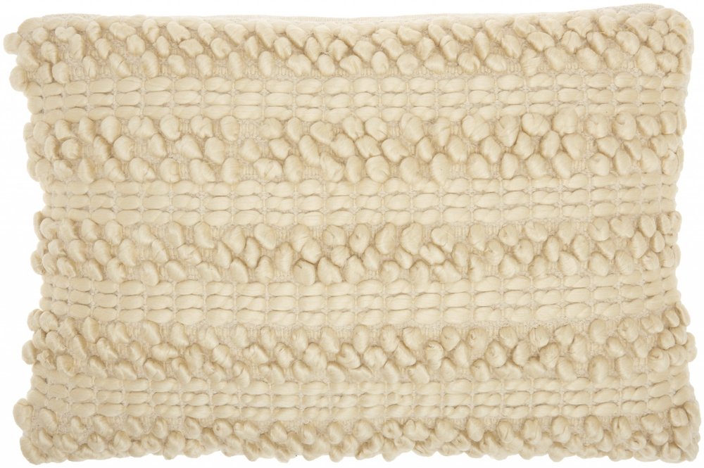 14" X 20" Cream Lumbar Throw Pillow with Pompoms And Texture