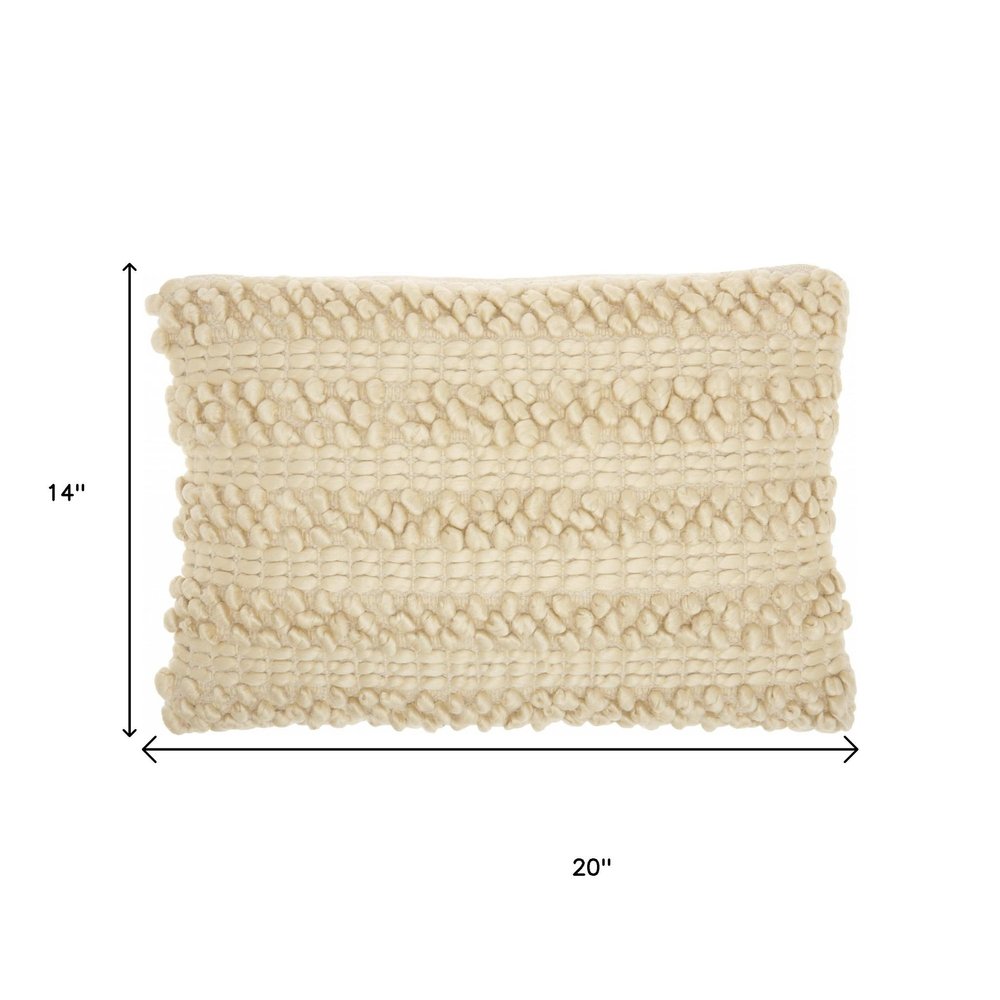 14" X 20" Cream Lumbar Throw Pillow with Pompoms And Texture