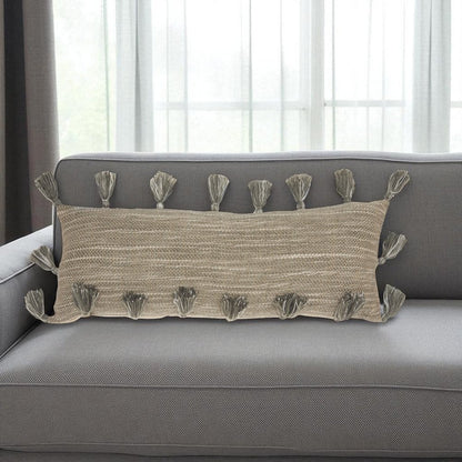 13" X 33" Gray Polyester Blend Throw Pillow With Tassels
