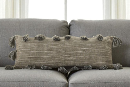 13" X 33" Gray Polyester Blend Throw Pillow With Tassels