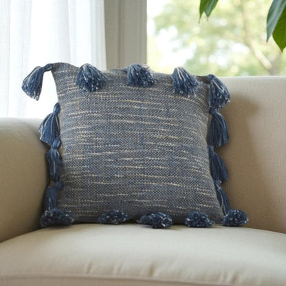 18" Royal Blue Polyester Blend Throw Pillow With Tassels