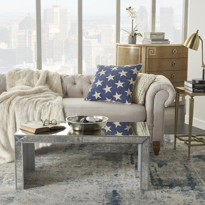 20" Ivory And Navy Blue Stars Cotton Throw Pillow