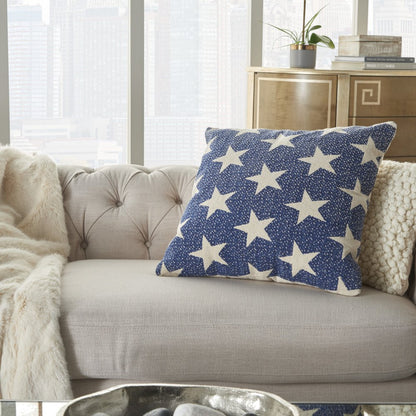 20" Ivory And Navy Blue Stars Cotton Throw Pillow