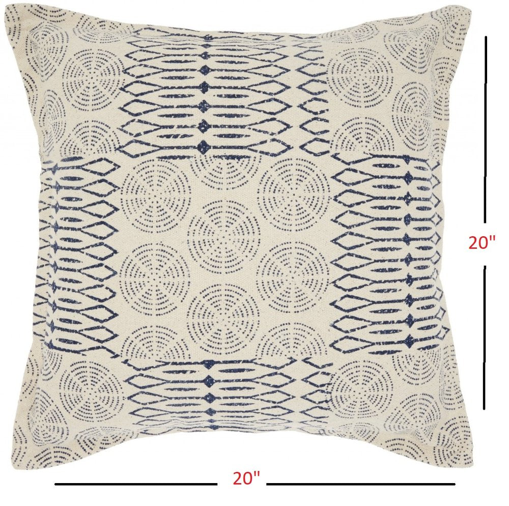 20" Indigo And Ivory Geometric Cotton Throw Pillow