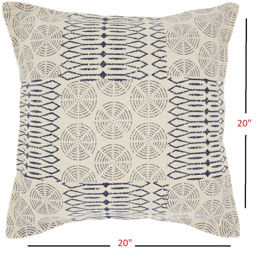 20" Indigo And Ivory Geometric Cotton Throw Pillow