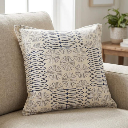 20" Indigo And Ivory Geometric Cotton Throw Pillow