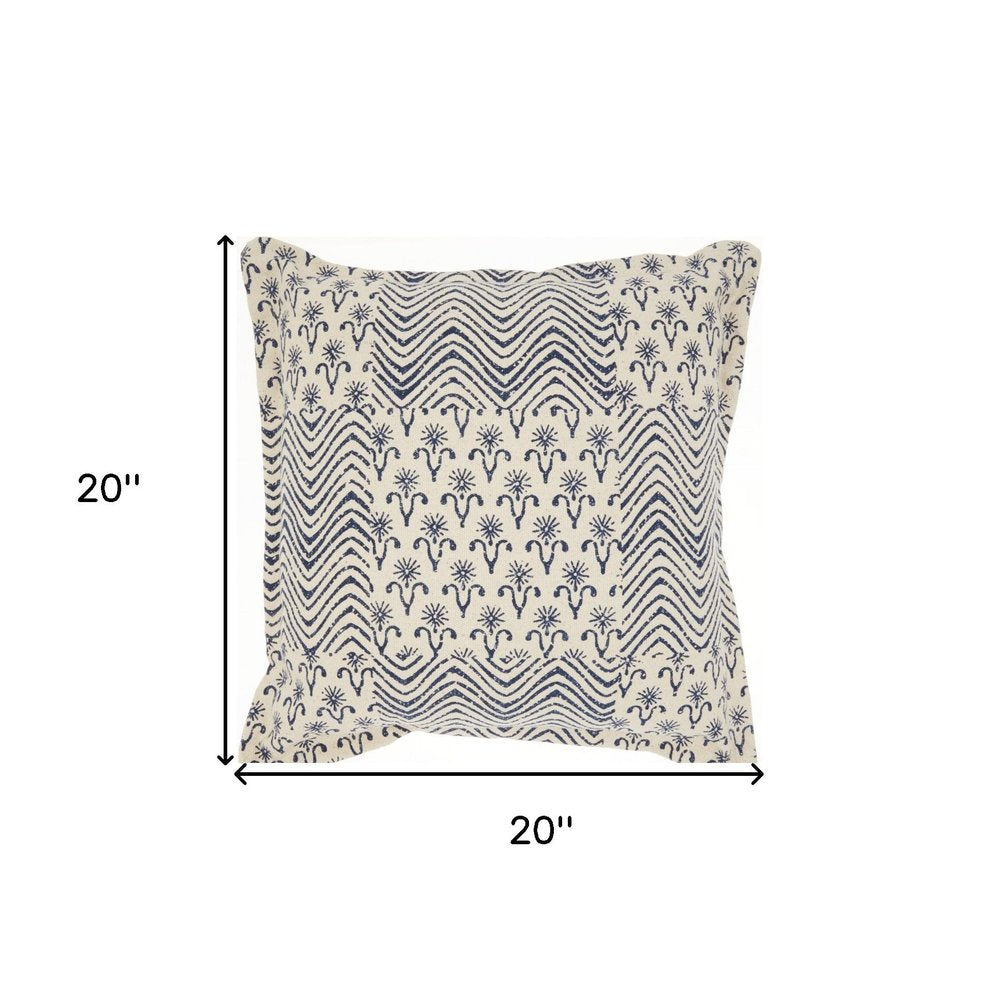 20" Indigo And Ivory Geometric Cotton Throw Pillow