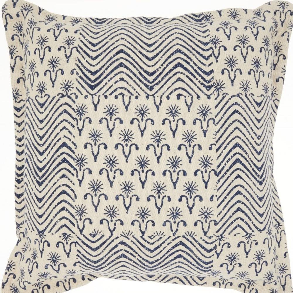 20" Indigo And Ivory Geometric Cotton Throw Pillow