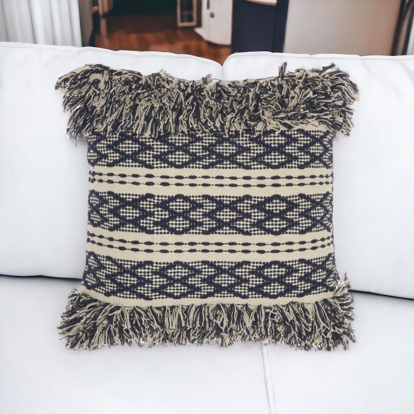 20" Navy Blue and Ivory Geometric Cotton Throw Pillow With Fringe