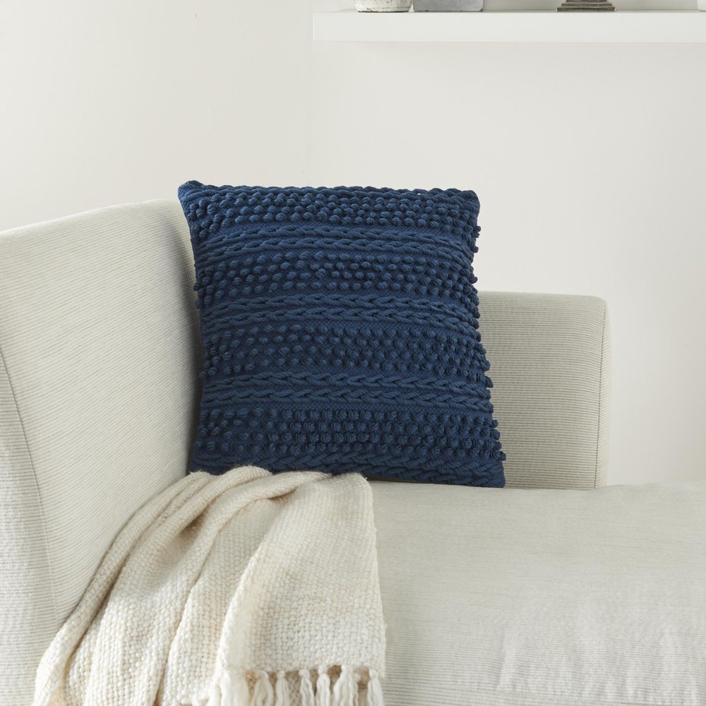 Navy Blue Textured Dots And Stripes Throw Pillow