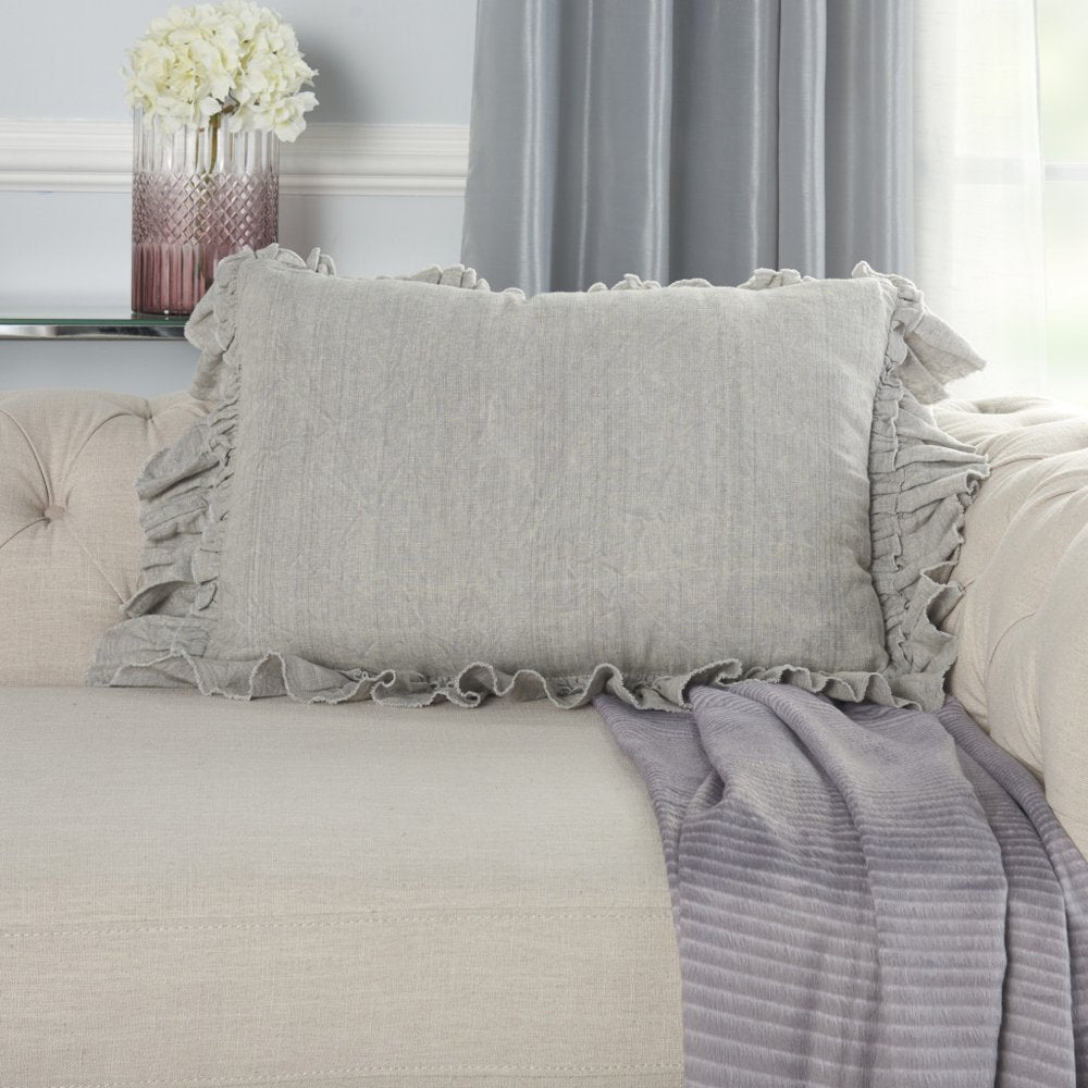 16" X 24" Gray Pillow With Ruffled Edges