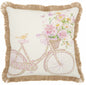 18" Beige and Pink Bicycle and Flowers Indoor Outdoor Throw Pillow With Fringe