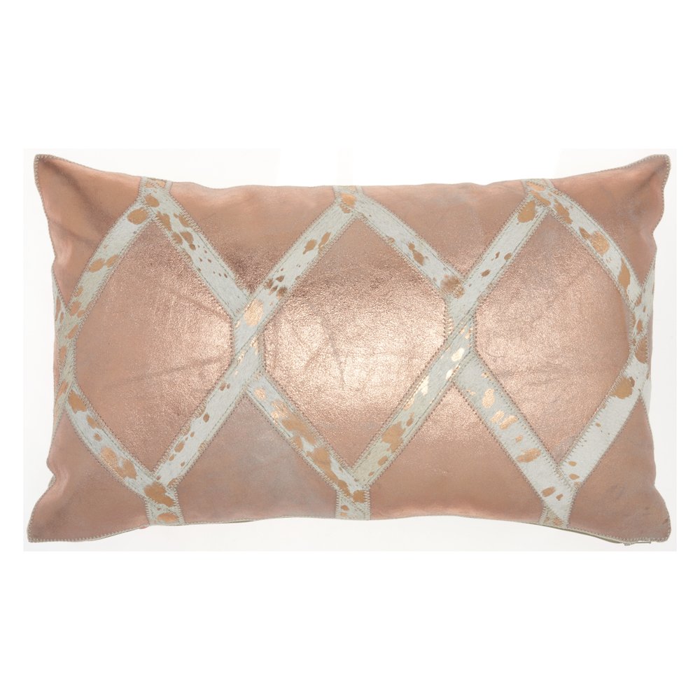 12" X 20" Rose Gold and White Metallic and Cowhide Throw Pillow