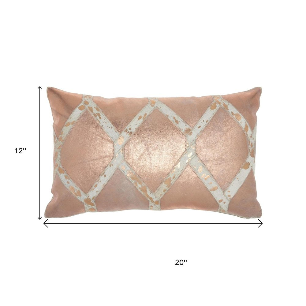 12" X 20" Rose Gold and White Metallic and Cowhide Throw Pillow