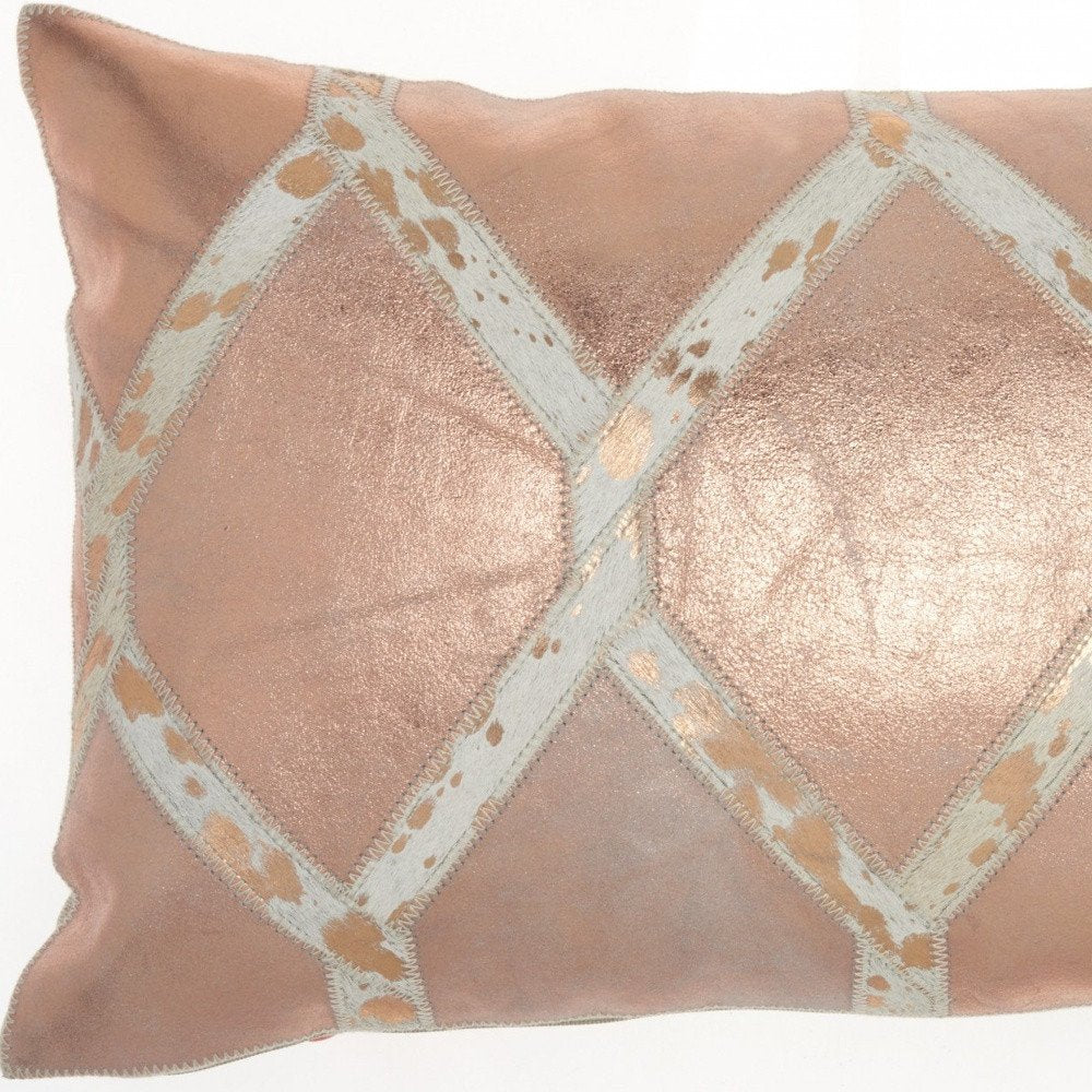 12" X 20" Rose Gold and White Metallic and Cowhide Throw Pillow