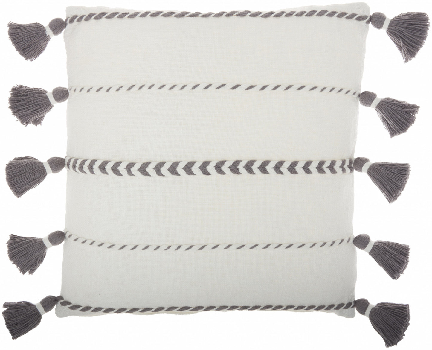 Bohemian White Cotton Accent Pillow With Grey Tassel Details