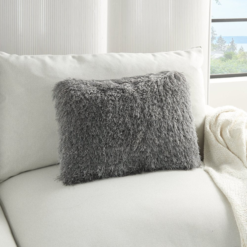 14" X 20" Slate Gray Faux Fur Throw Pillow