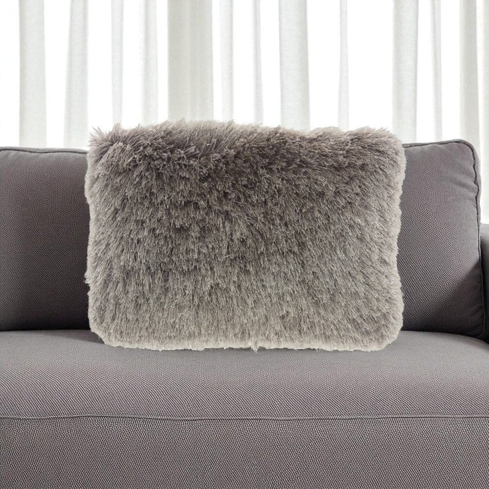14" X 20" Slate Gray Faux Fur Throw Pillow