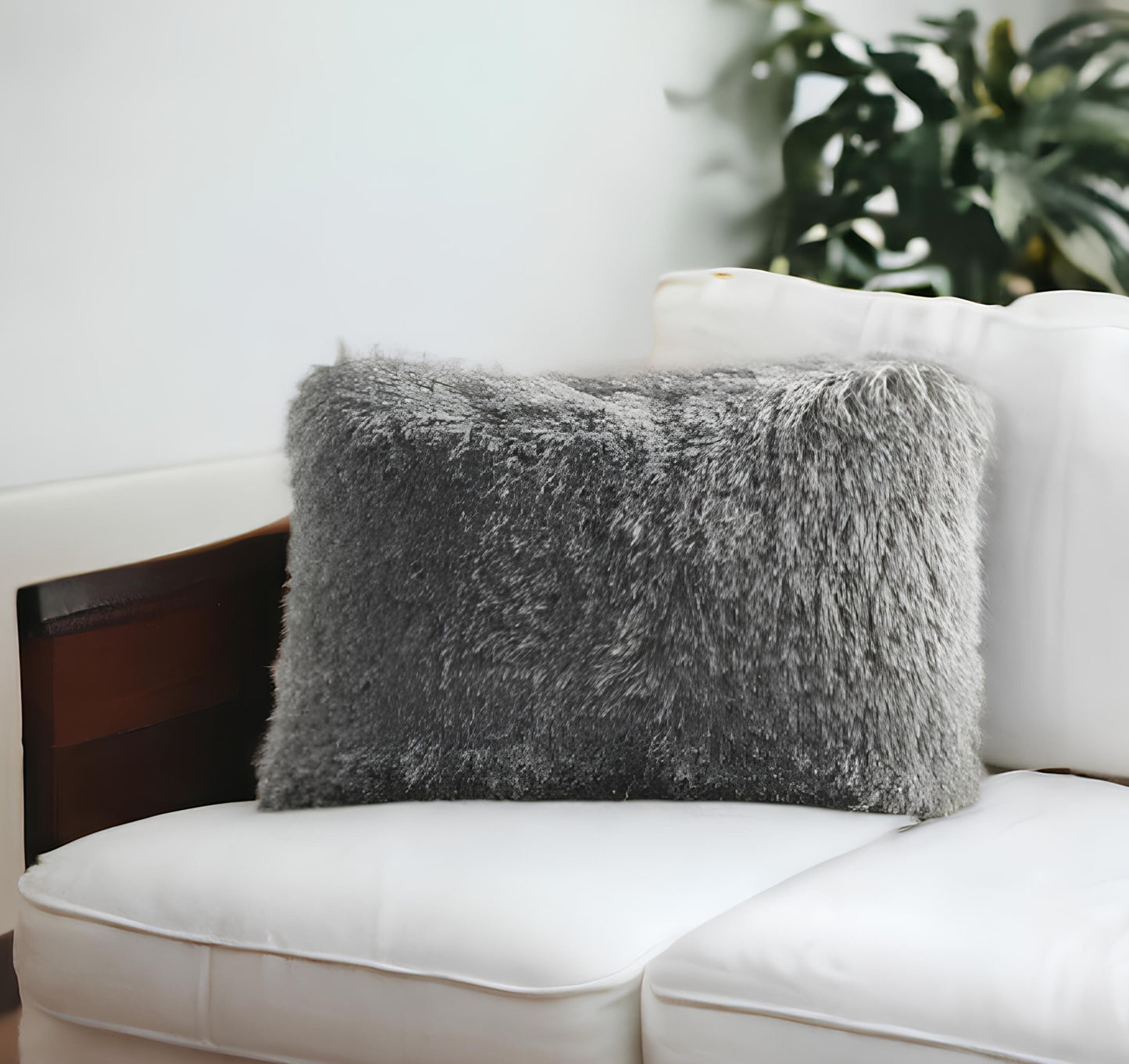 14" X 20" Slate Gray Faux Fur Throw Pillow