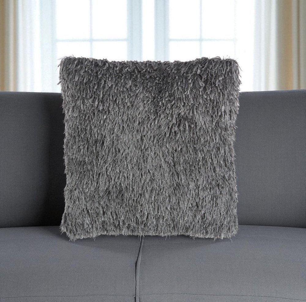 Square Charcoal Shag Throw Pillow