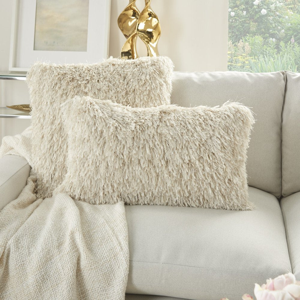 14" X 24" Long Ivory Shag Throw Pillow