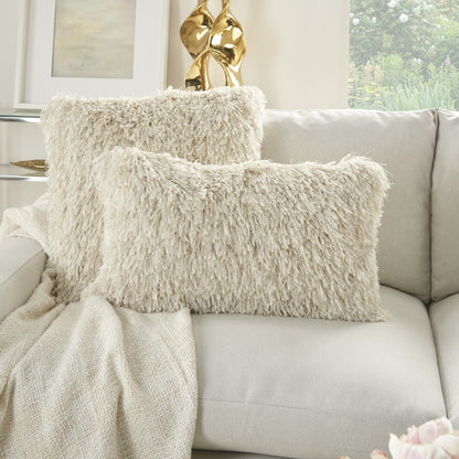 14" X 24" Long Ivory Shag Throw Pillow