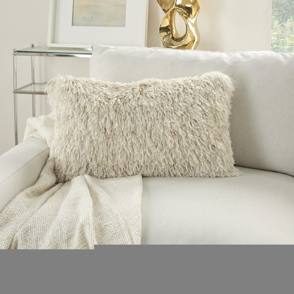 14" X 24" Long Ivory Shag Throw Pillow