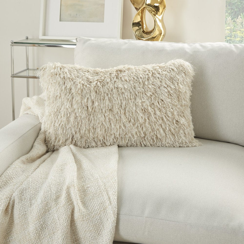 14" X 24" Long Ivory Shag Throw Pillow