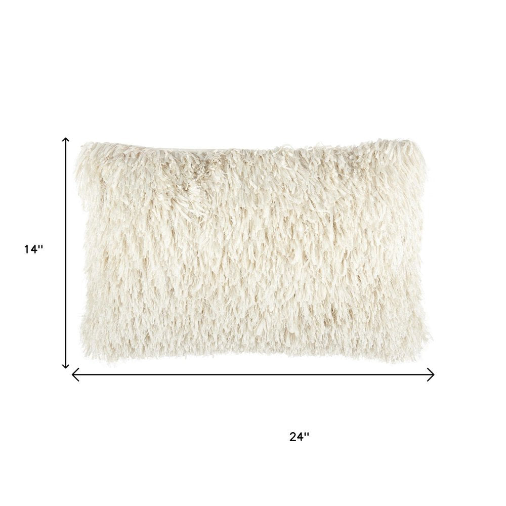 14" X 24" Long Ivory Shag Throw Pillow