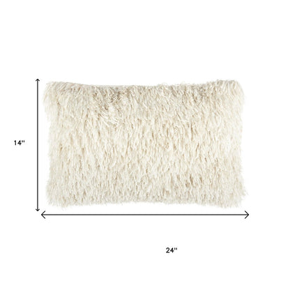 14" X 24" Long Ivory Shag Throw Pillow