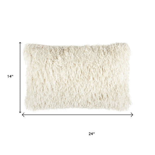 14" X 24" Long Ivory Shag Throw Pillow