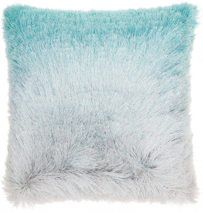 20" Turquoise and Silver Ombre Faux Fur Throw Pillow