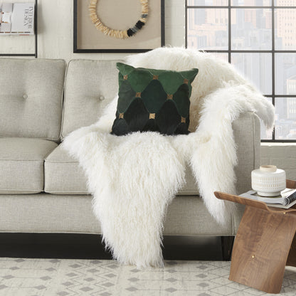 18" X 18" Green Geometric Cowhide Pillow With Sequins