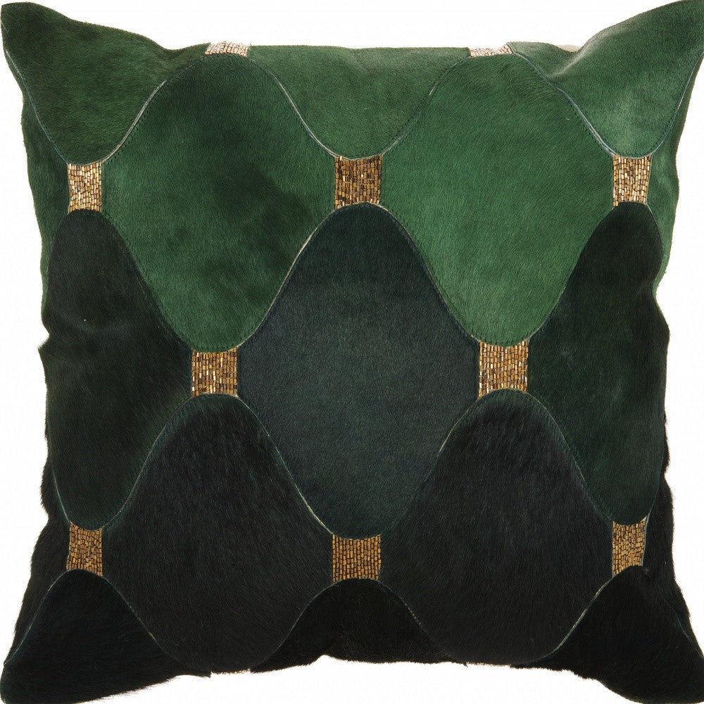 18" X 18" Green Geometric Cowhide Pillow With Sequins