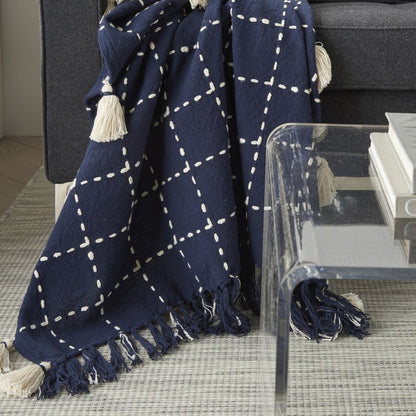 Navy And White Stitched Square Pattern Cotton Throw Blanket