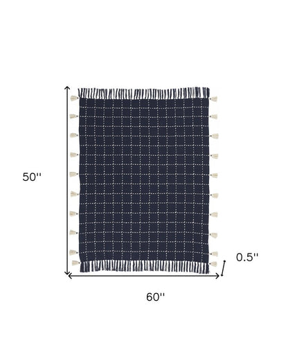 Navy And White Stitched Square Pattern Cotton Throw Blanket