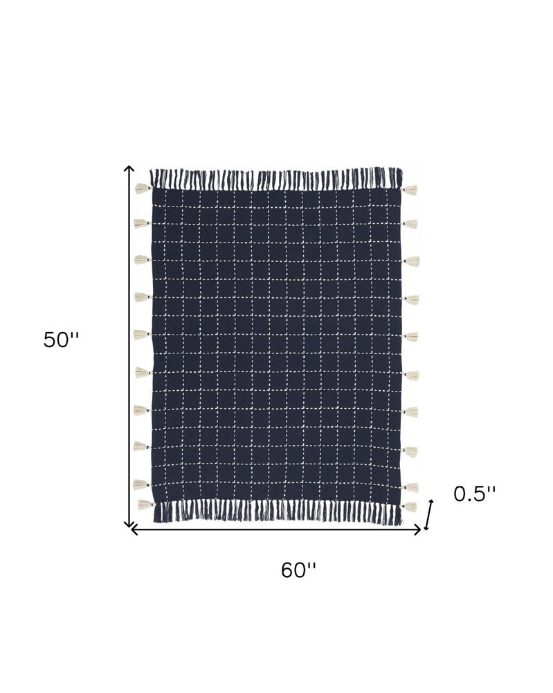 Navy And White Stitched Square Pattern Cotton Throw Blanket