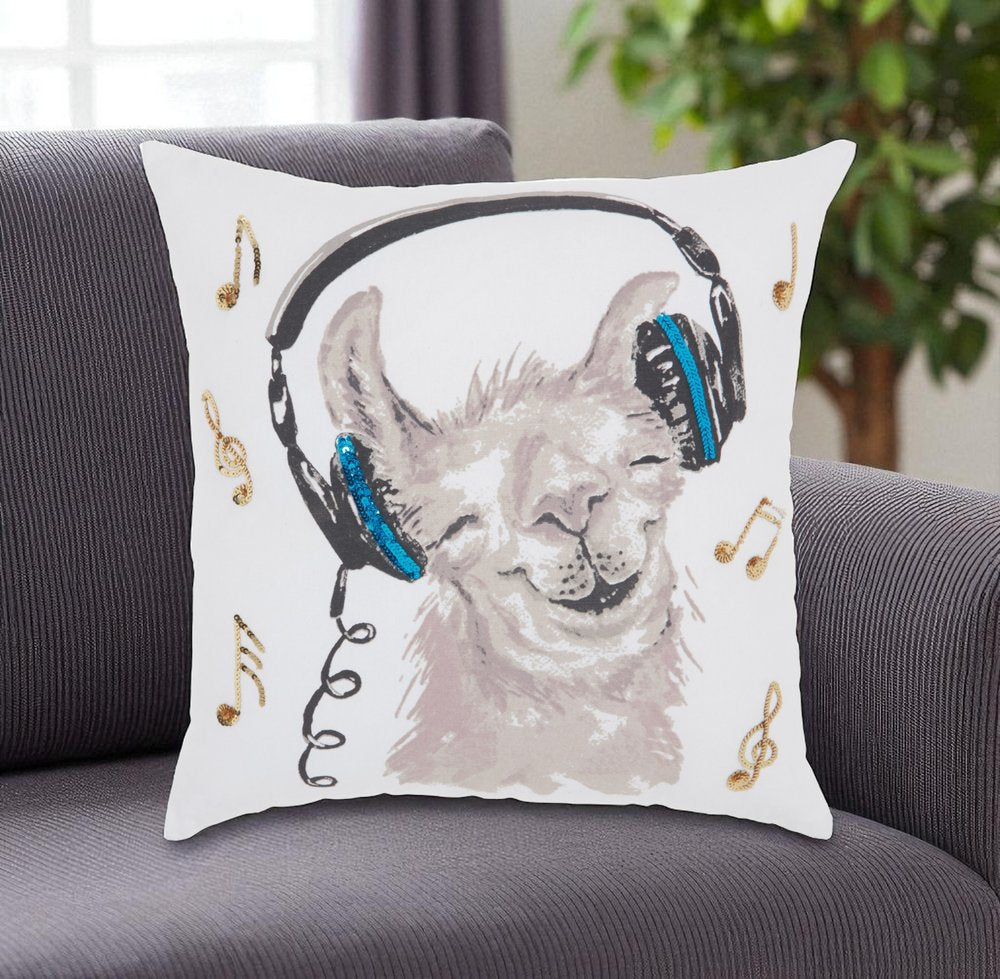 18" Teal and White Llama Cotton Throw Pillow