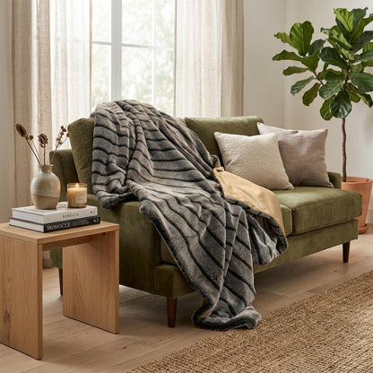 Gray Faux Fur Striped Plush Throw